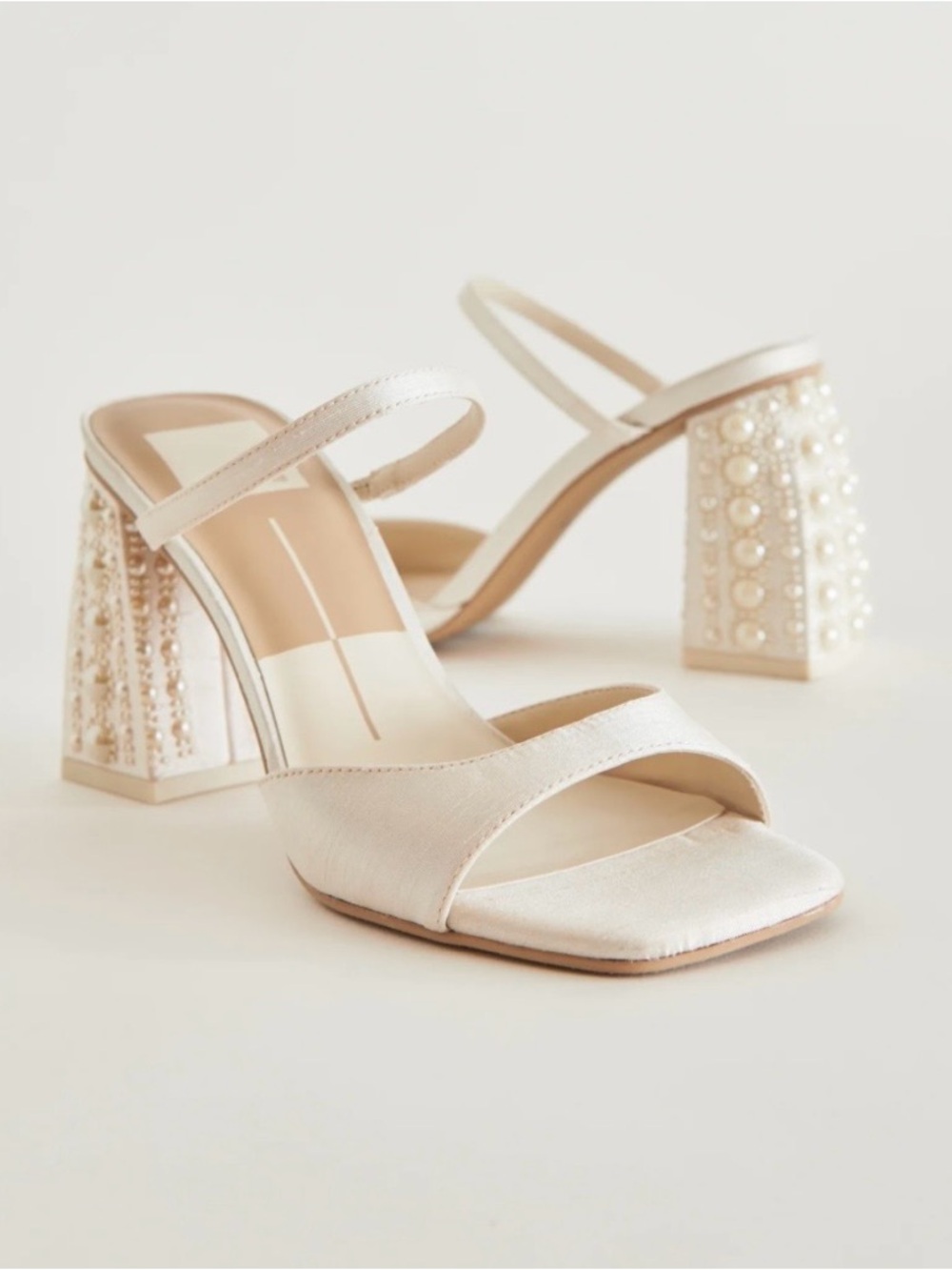 Dolce Vita Pearl-Embellished Ivory Block Heel Sandals